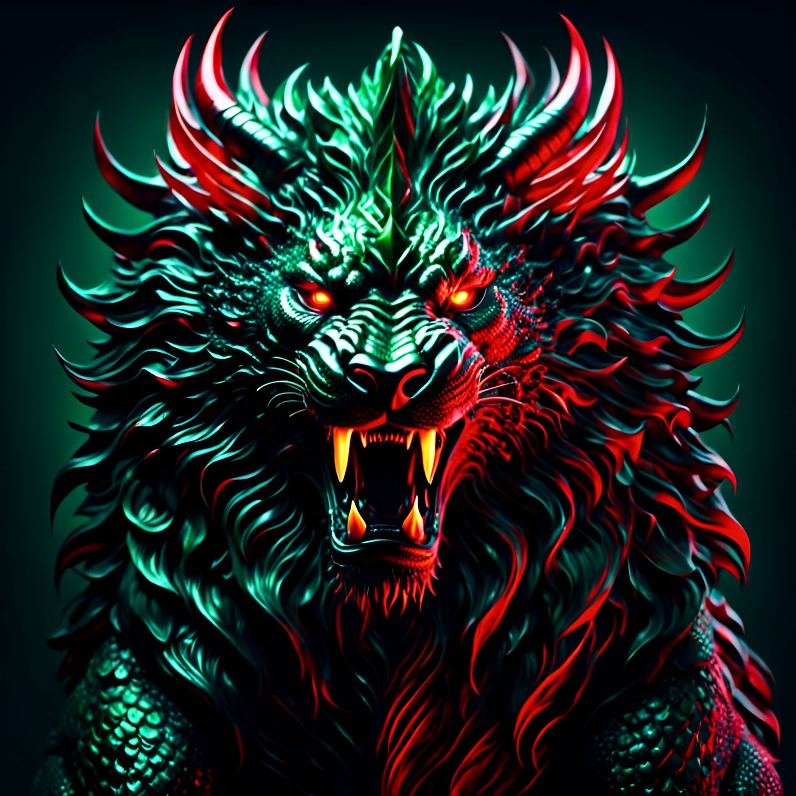 Three-faced Demonic Lion in Synthwave Style