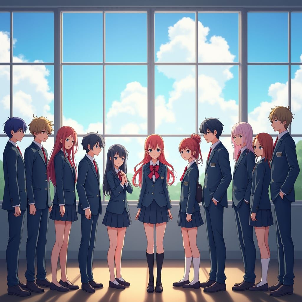 Vibrant Anime Scene of High School Students in Uniform