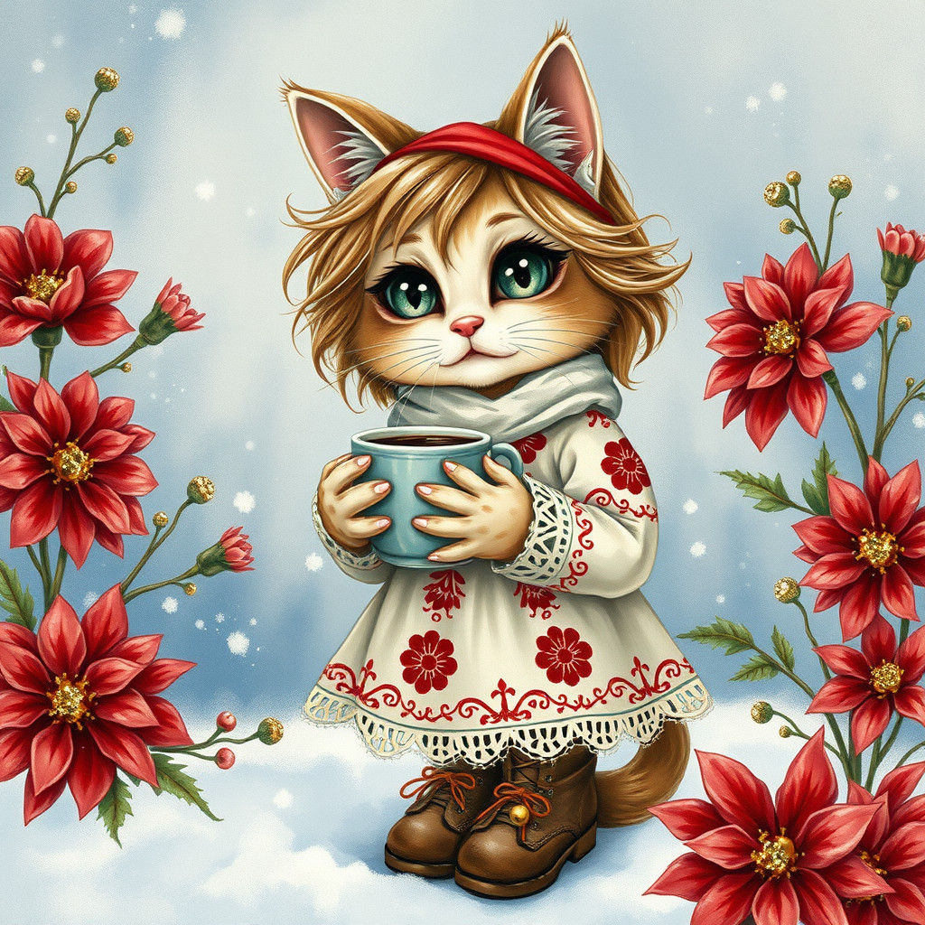 A pouting cat-girl with wispy lashes, pouty lips, and snow-white pixie hair, wearing a festive Santa baby dress and rugg...