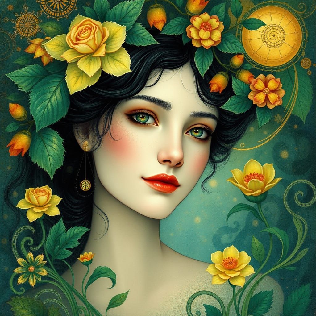 Ethereal Woman in Whimsical Art Nouveau Landscape