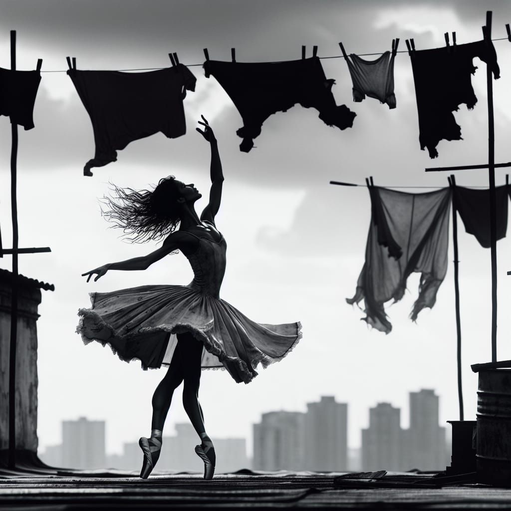 Silhouette of Dancer on Rooftop in Black and White