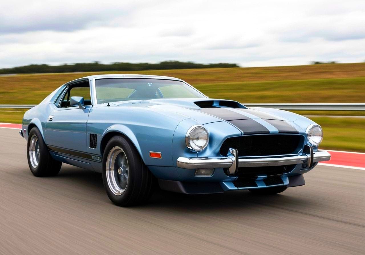 Polished Silver Blue Shelby Cobra Mustang on Track