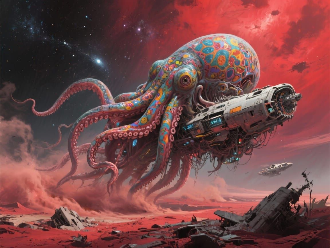 Soviet Sci-Fi Art: Colossal Squid Leviathan Over Mars