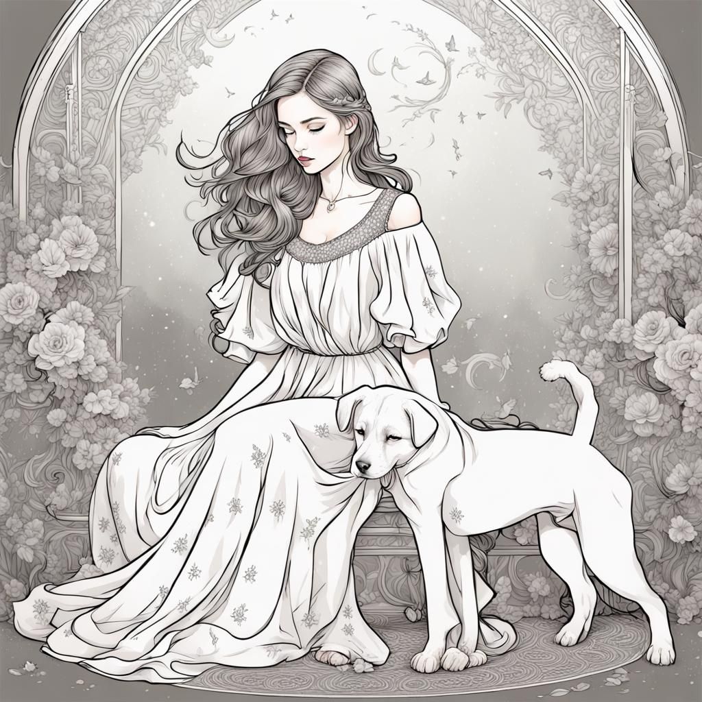 Girl with Puppy Coloring Page in Sketch Style