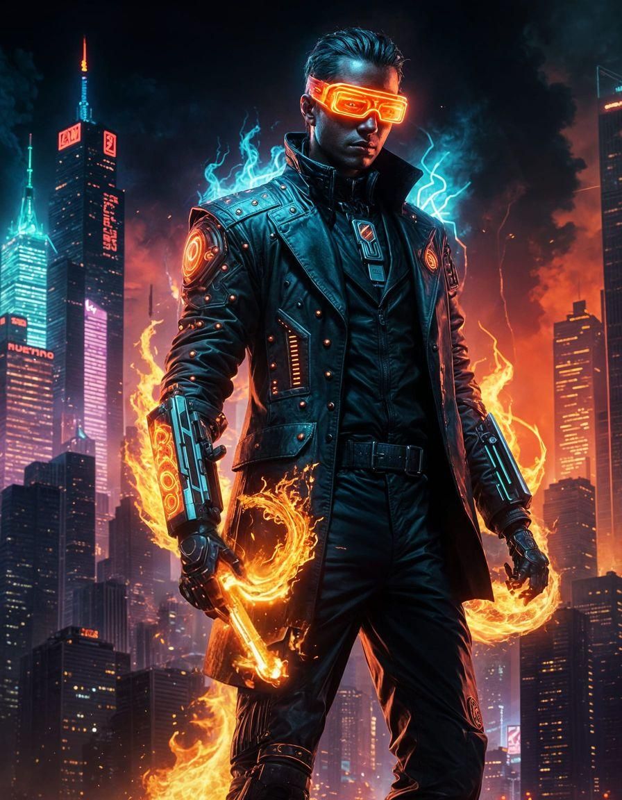 Cyberpunk Pyromancer in Neon Cityscape