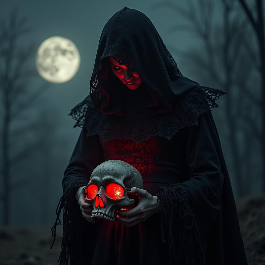Eerie Woman with Skull Device in Dark Fantasy Style