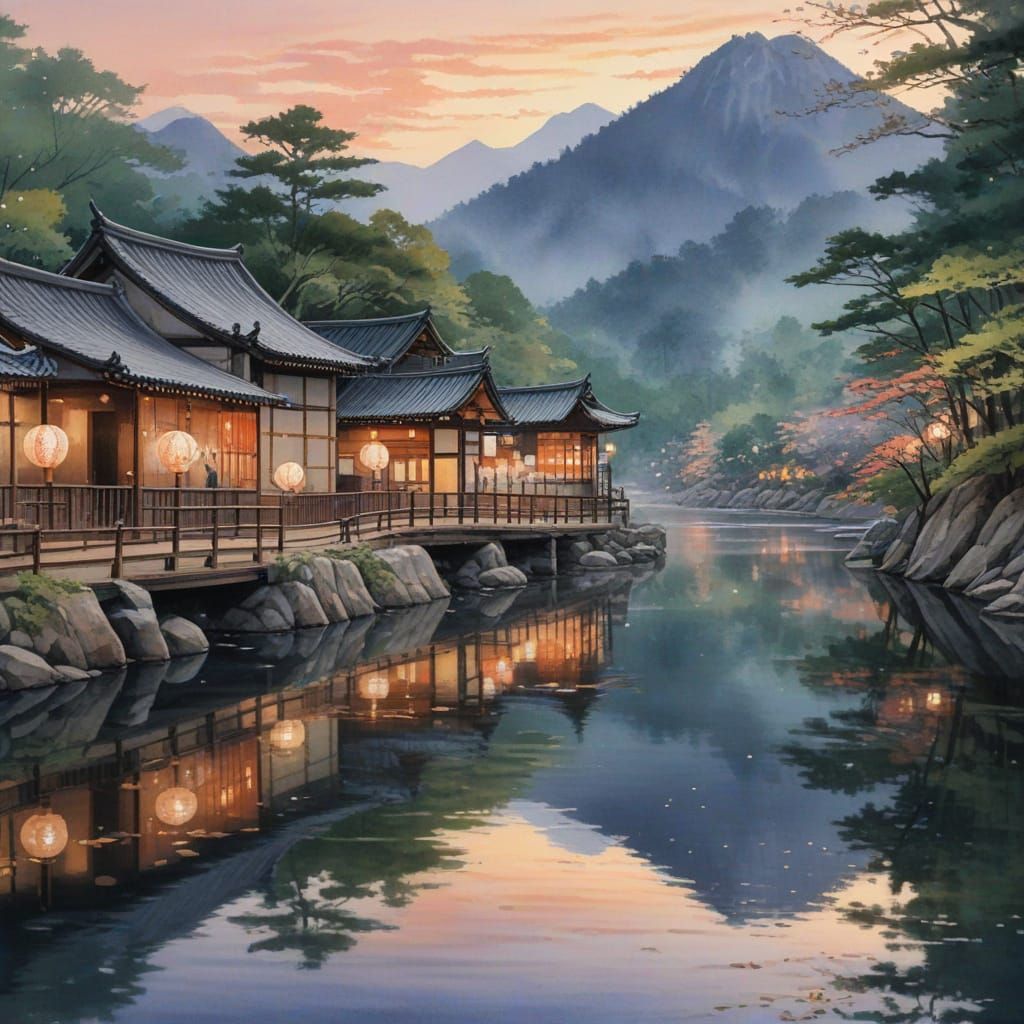 A serene river flows gently through a twilight landscape, it...