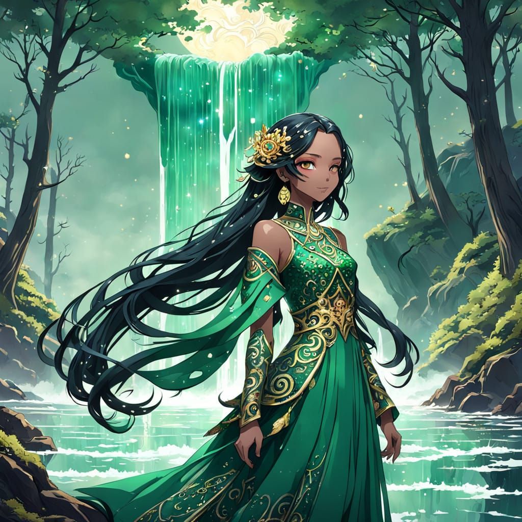 Anime Goddess in Luminous Jade Attire