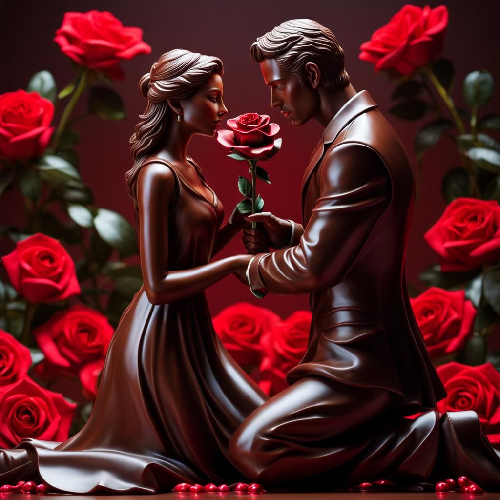 Chocolate Statue Offering Rose: Photorealistic Concept Art
