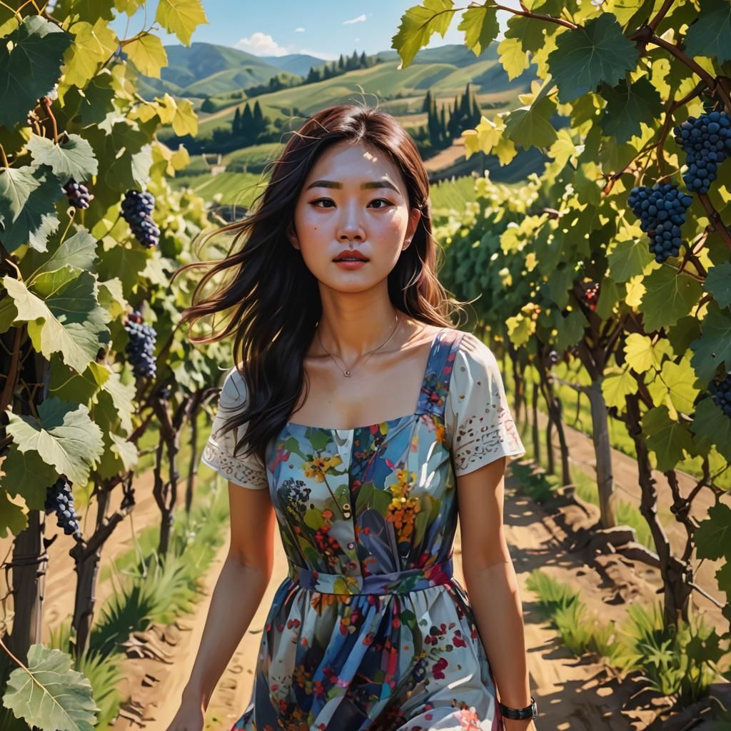 Korean Girl Exploring Vineyard: Hyperrealistic Splash Art