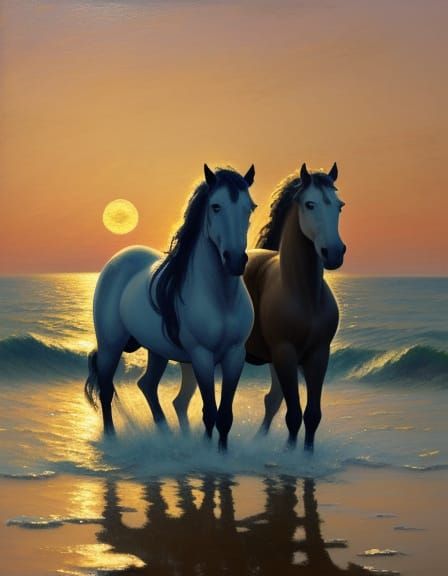 Romantic Twilight Landscape with White Horse and Golden Moon...