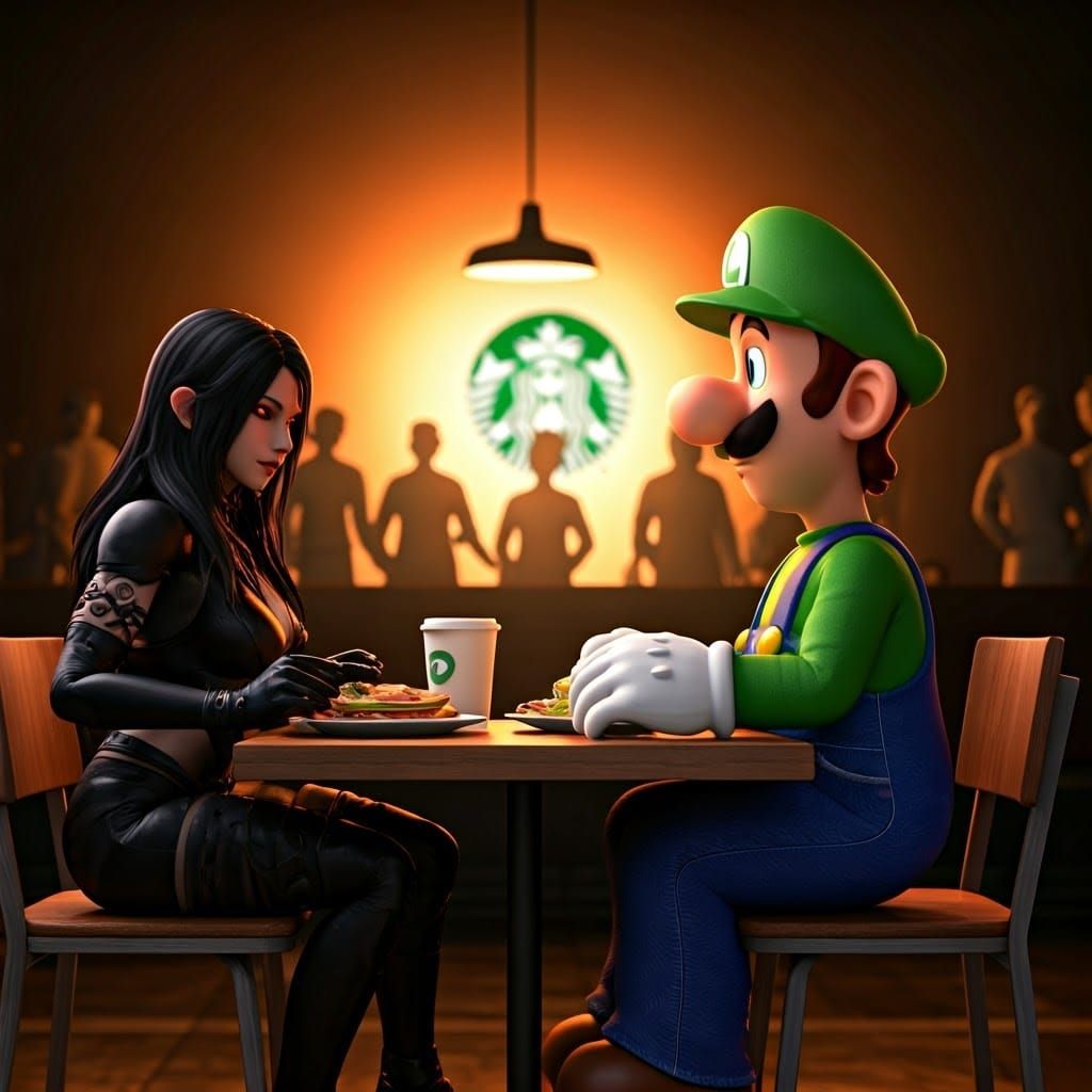 Nyarlathotep and Luigi at Starbucks in Pixar Style