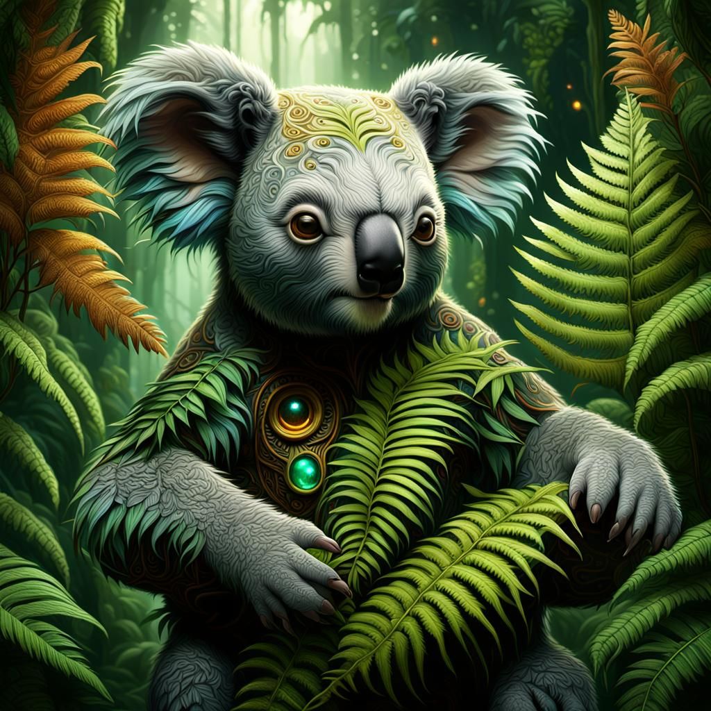 Koala Merging with Biomechanical Fern in Fantasy Art