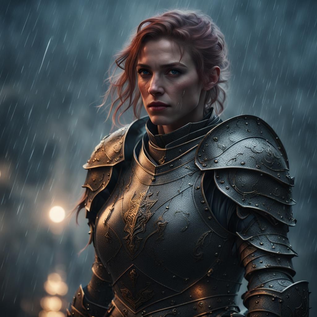 Female Knight in Armor During Storm