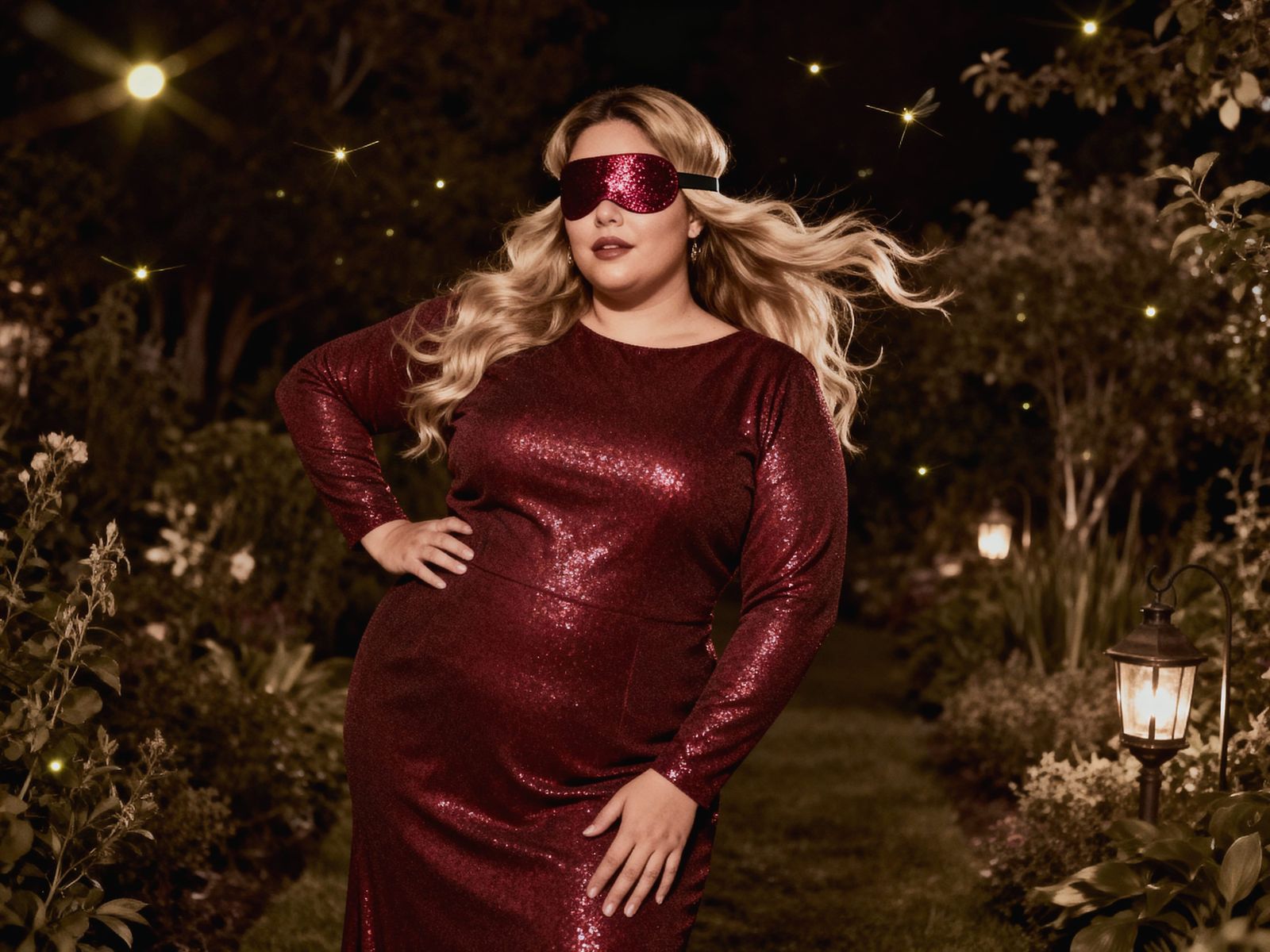 Plus Size Woman in Glitter Dress Poses in Enchanted Garden