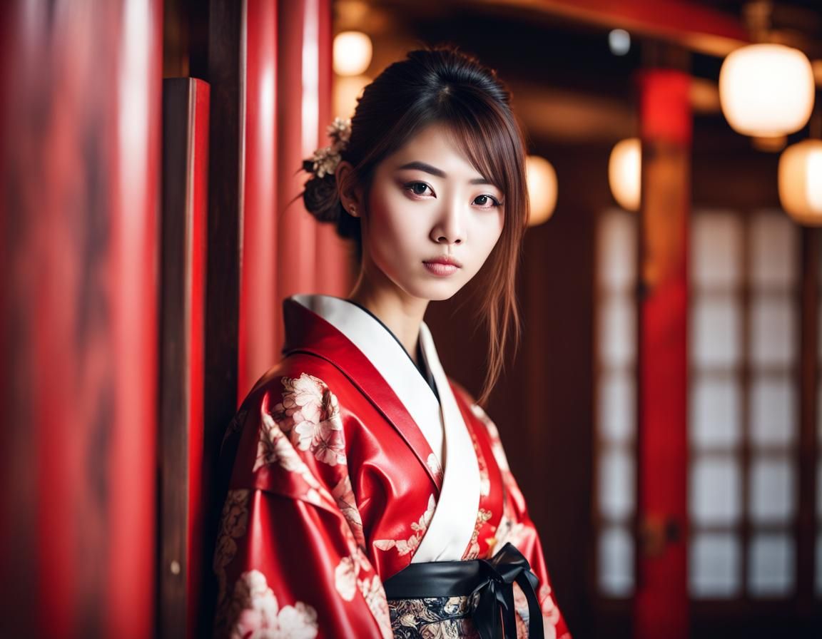 Japanese Girl in Red Leather Kimono: Hyperrealistic Photo