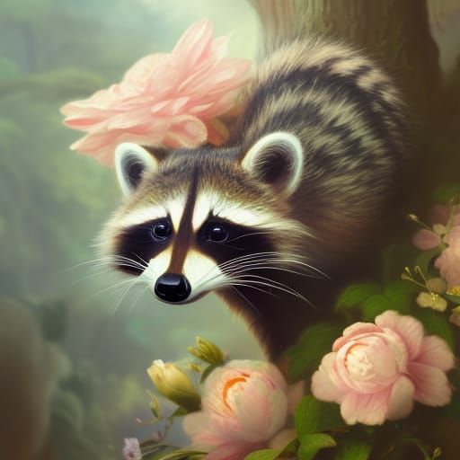 Raccoon Surrounded by Flowers in Fragonard Style