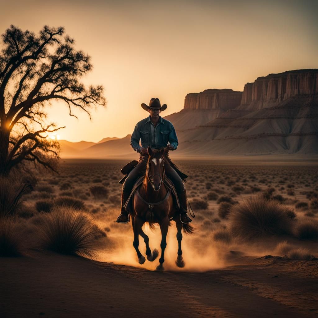 Cowboy Rides into Sunset: Cinematic Film Still