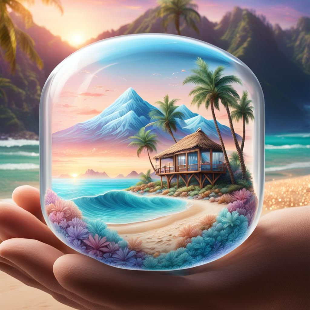 Beach Scene Inside Crystal Capsule in Hand