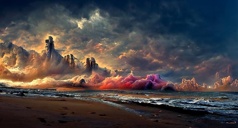 Eldritch Beach at Sundown: Surreal Photorealistic Art