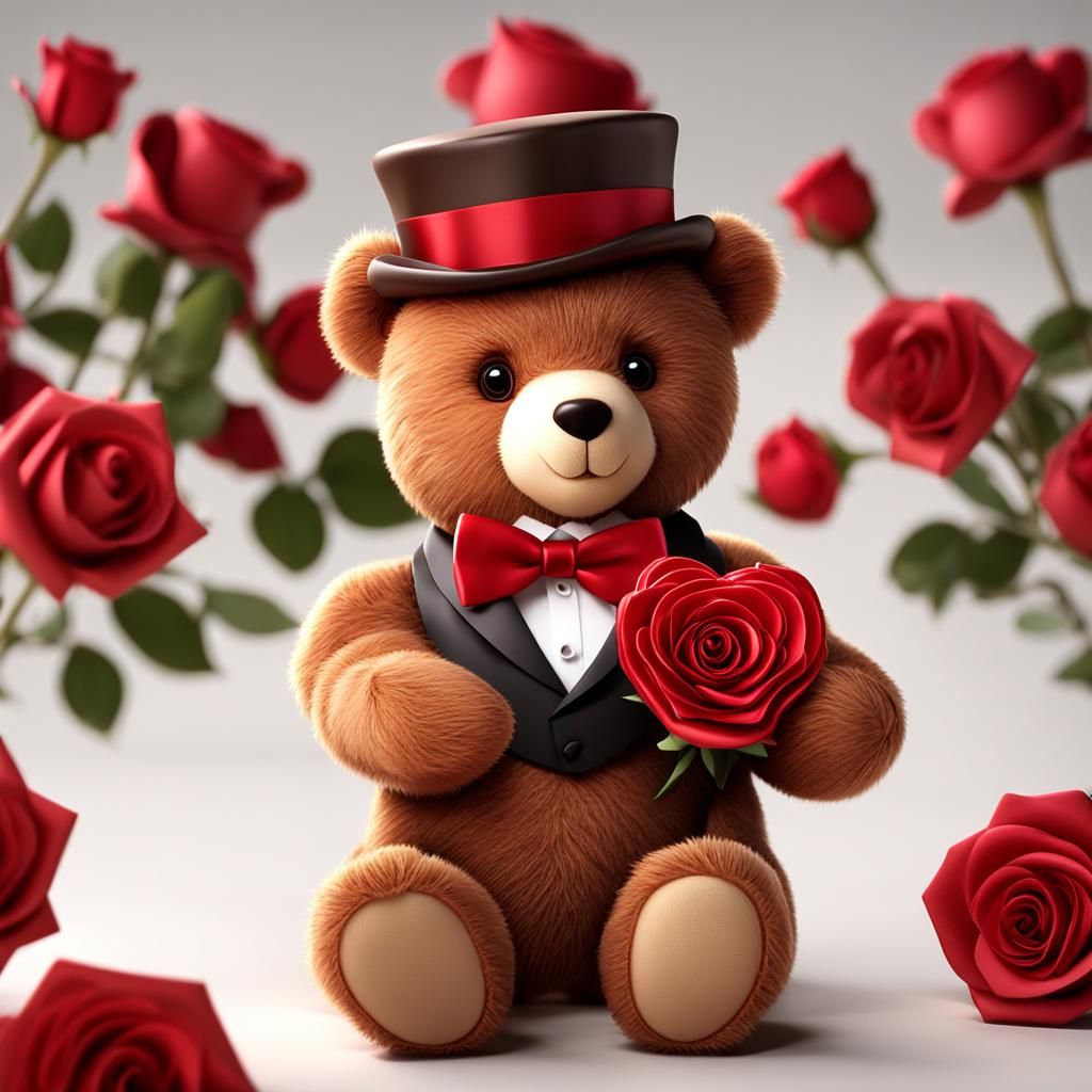 Valentine's Teddy Bear with Rose, 3D Render