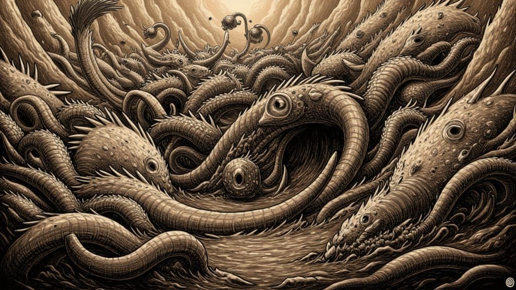 Grimepunk Satan: An Ink Painting of Aquatic Monsters