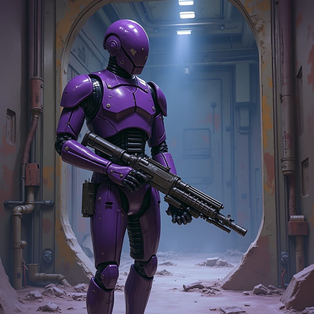 Gritty Watercolour of a Dark Purple Droid in Abandoned Imper...