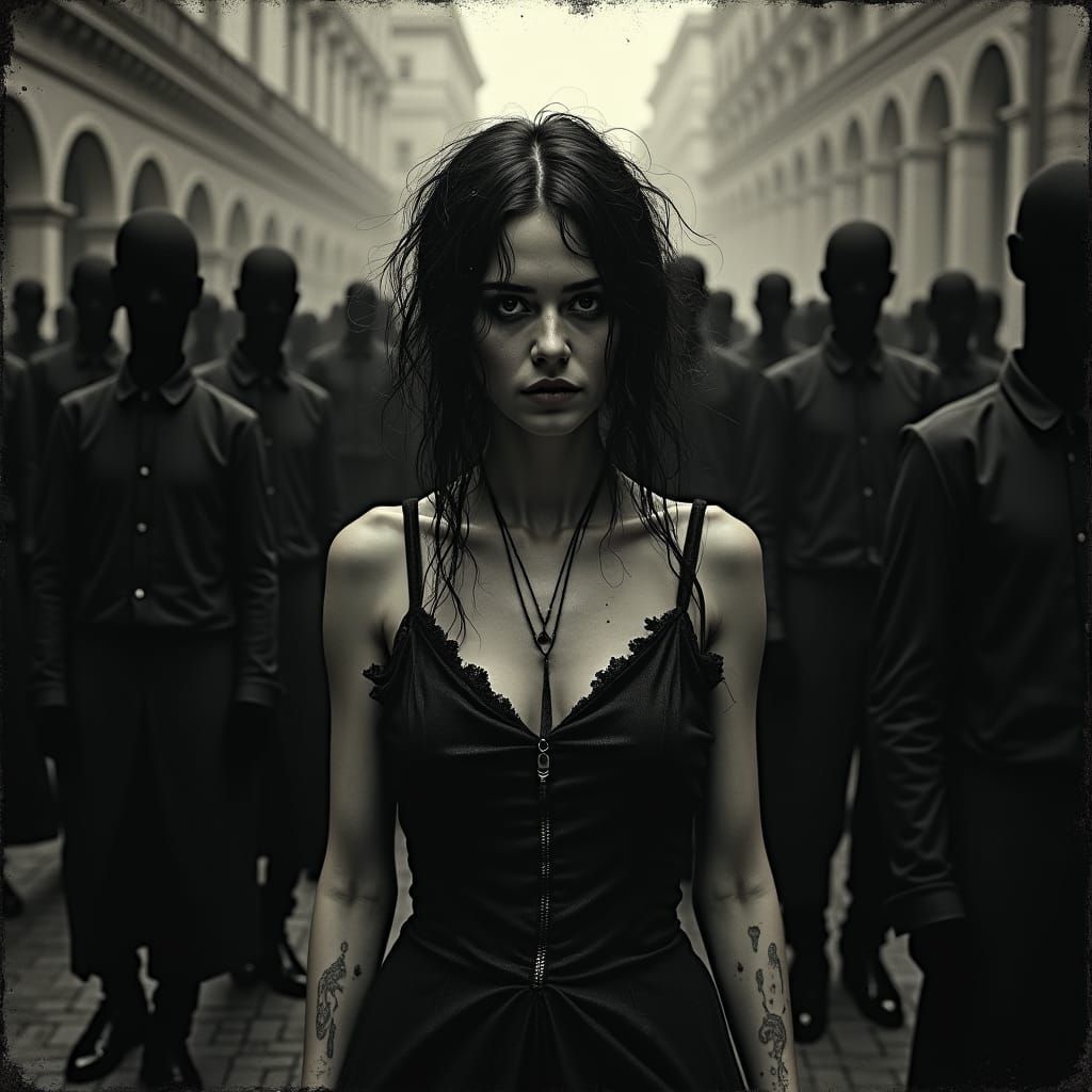 Eerie Woman in Victorian Crowd, Gustave Doré Style