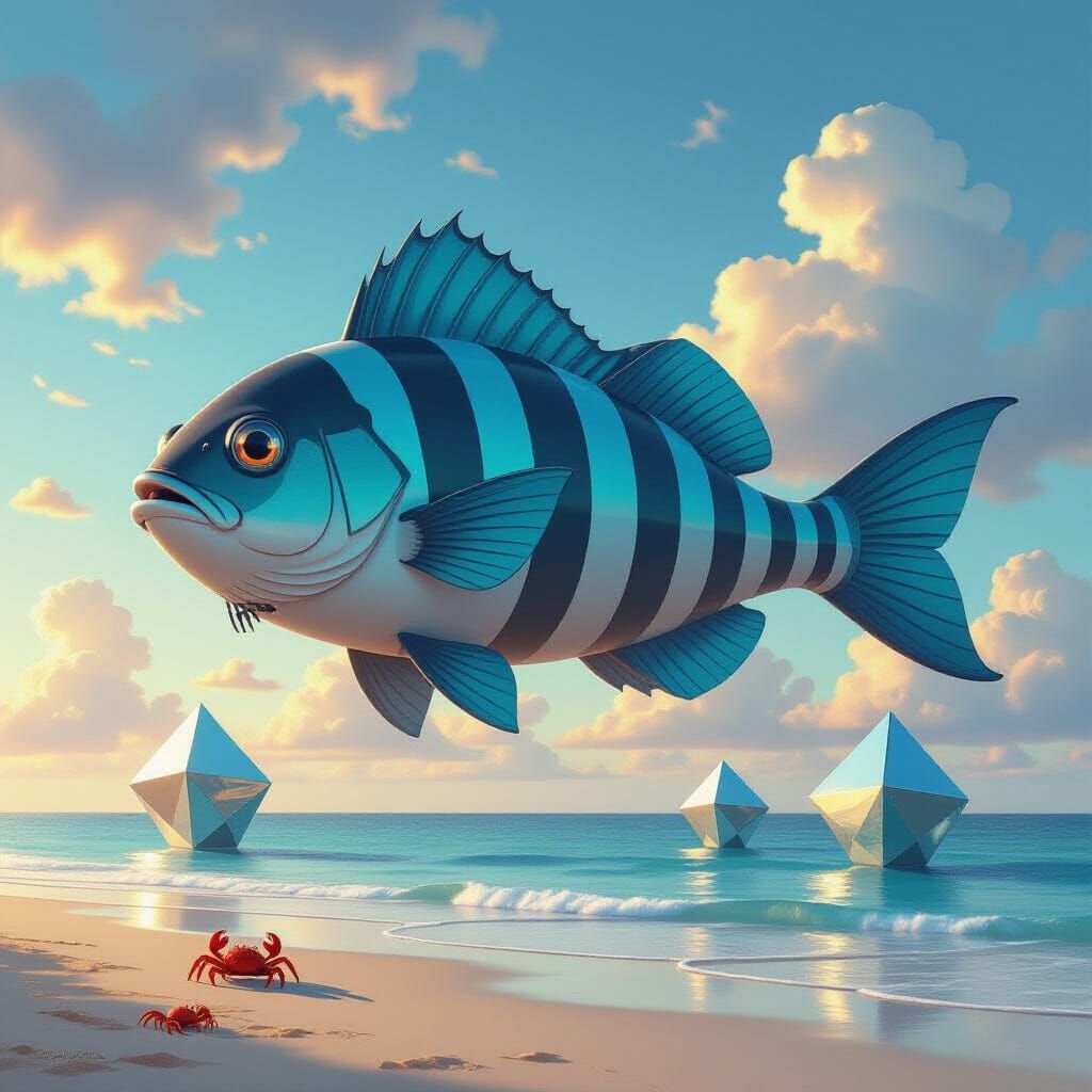 Fish-Shaped Airship Over Sandy Seashore, Dreamlike Atmospher...