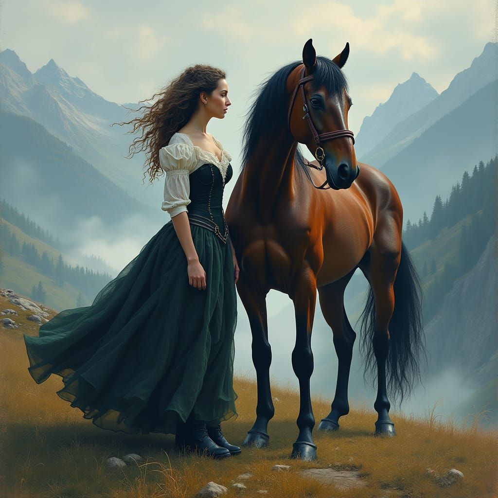 Mysterious 19th Century Beauty Beside Majestic Friesian Hors...