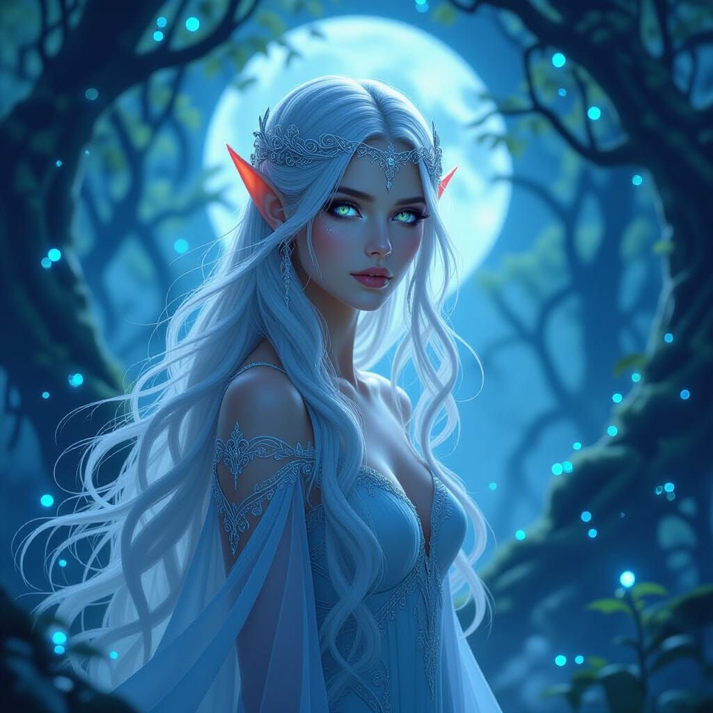 Digital painting. Medium shot. An ethereal elf maiden with i...