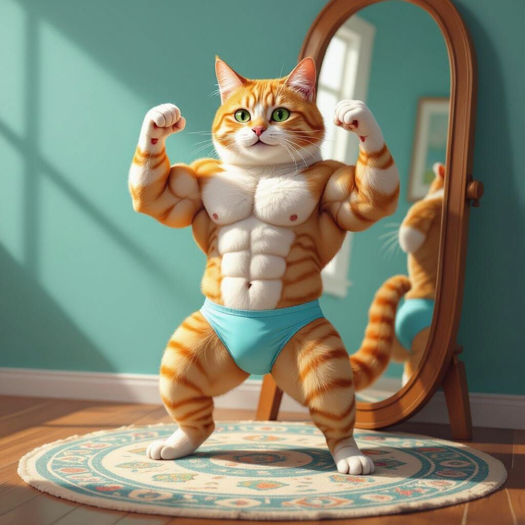 Muscular Tabby Cat Flexing in Mirror, Photorealistic Digital...