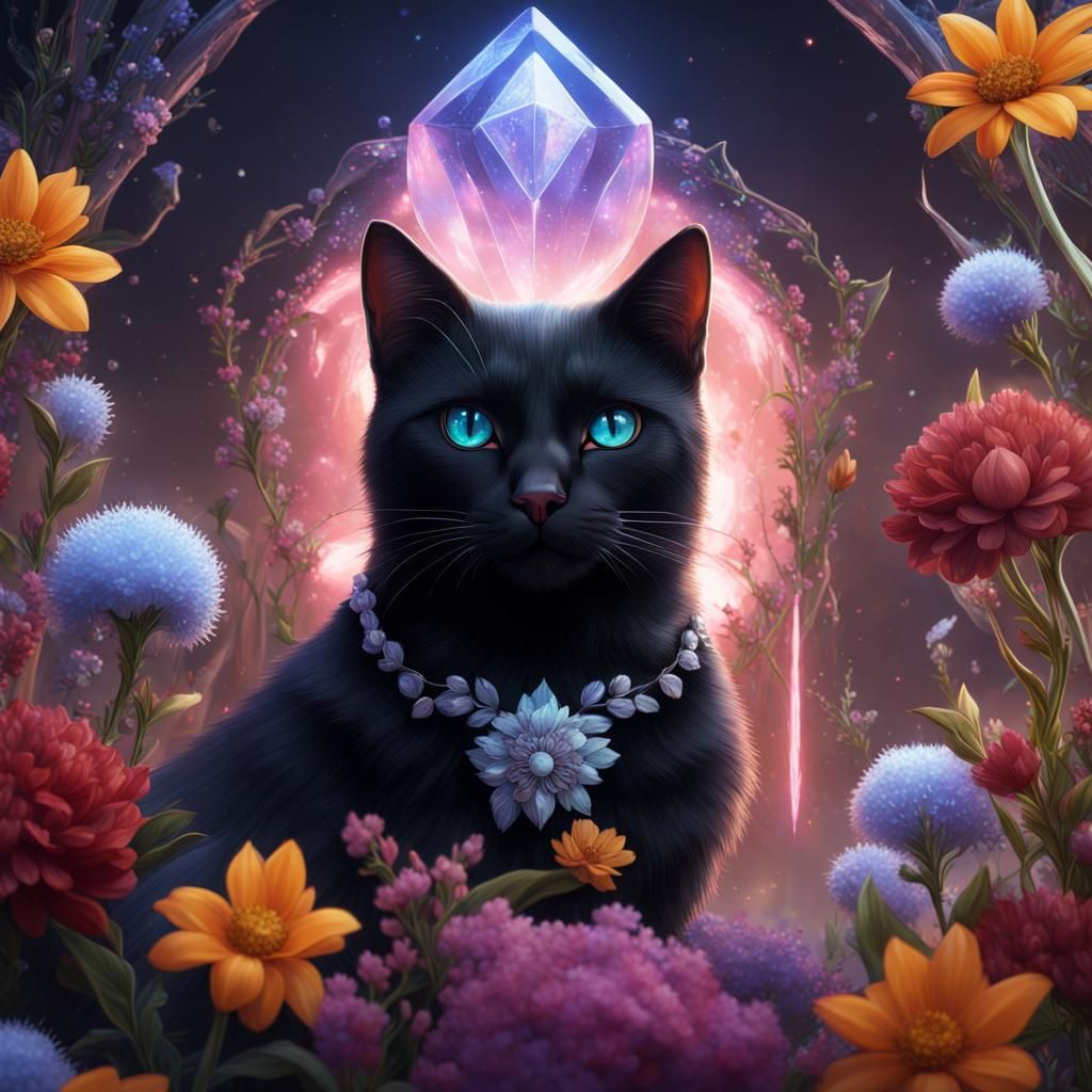 Black Cat Surrounded by Crystals and Flowers