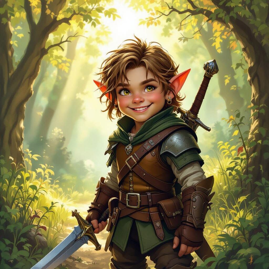 Charismatic Halfling Adventurer in Sun-Dappled Forest