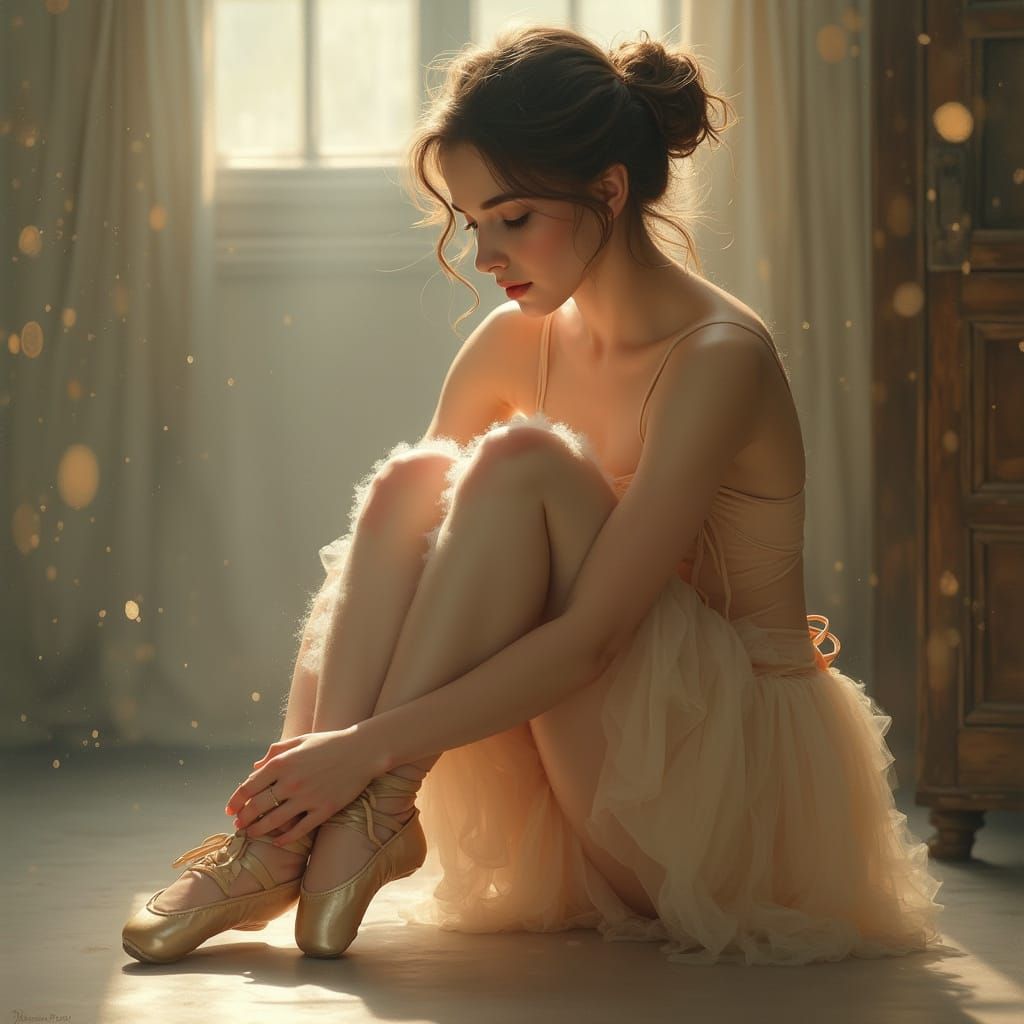 Young Woman Tying Ballet Shoes in Soft Light