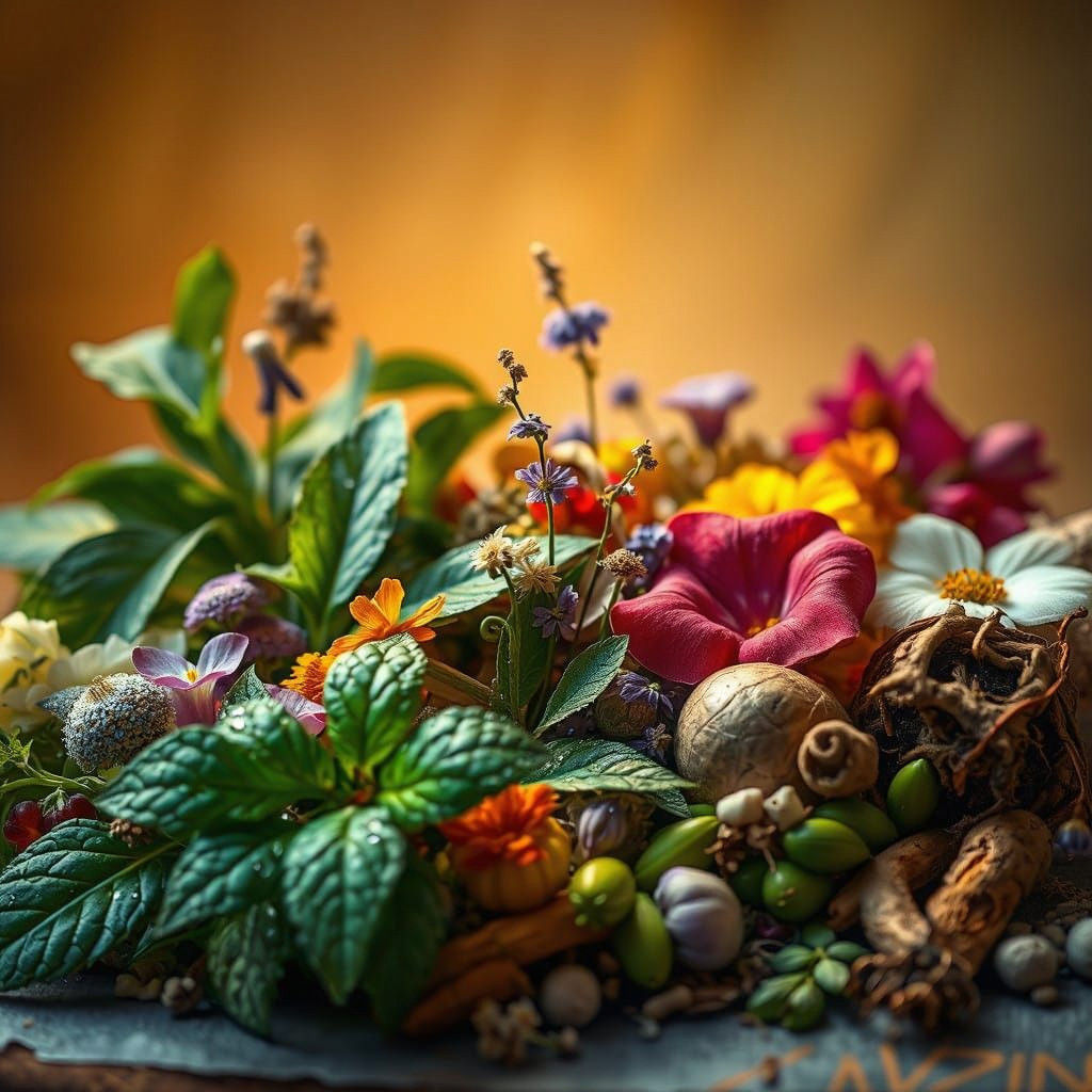 Vibrant Natural Remedies in Hyperrealistic Botanical Detail