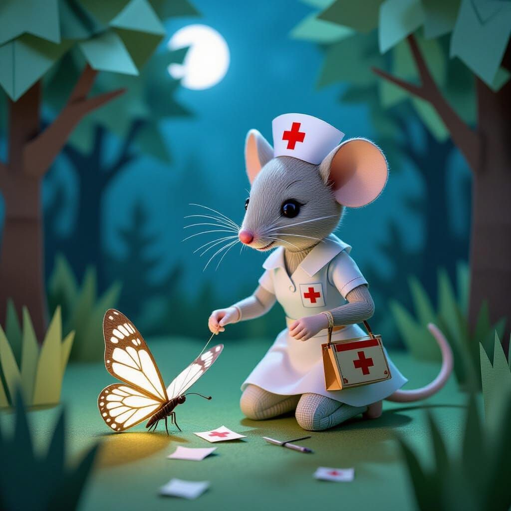 Paper Nurse Mouse Mends Butterfly Wing in Moonlit Forest