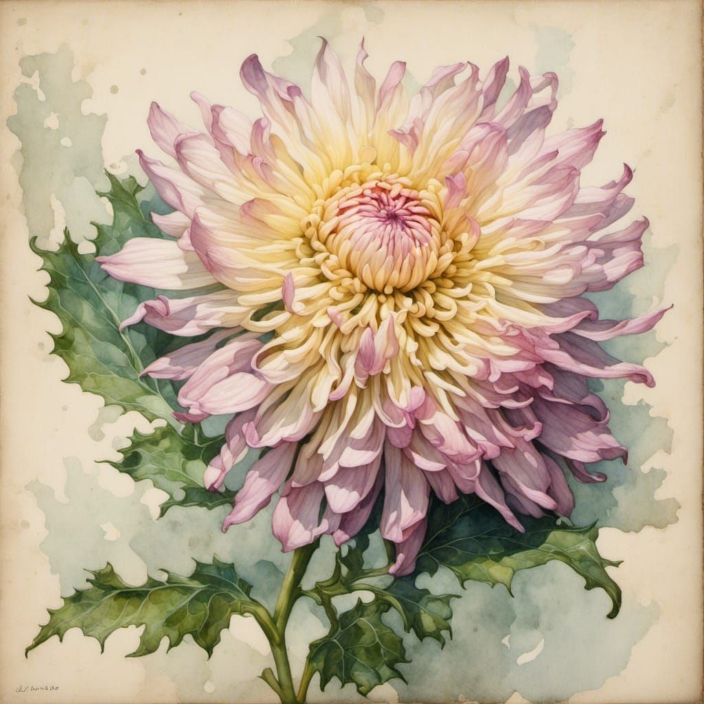 Detailed Watercolor Chrysanthemum Flower Study