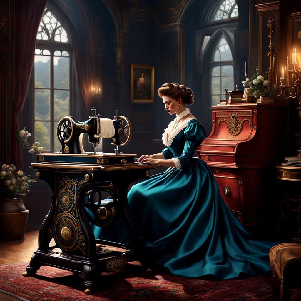 1895 Victorian woman sewing a dress on a Singer push peddle sewing machine detailed matte painting, deep color, fantasti...