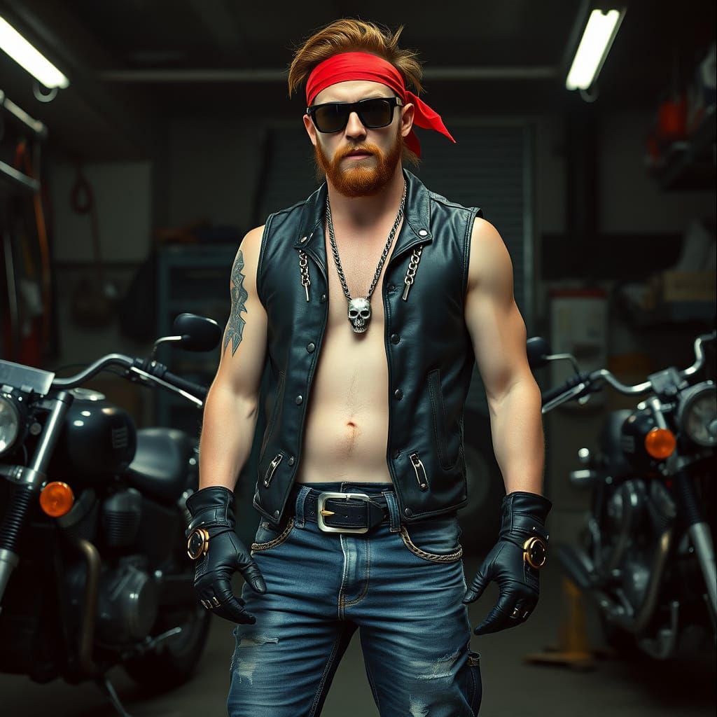 Cyberpunk Biker in Gritty Motorcycle Garage