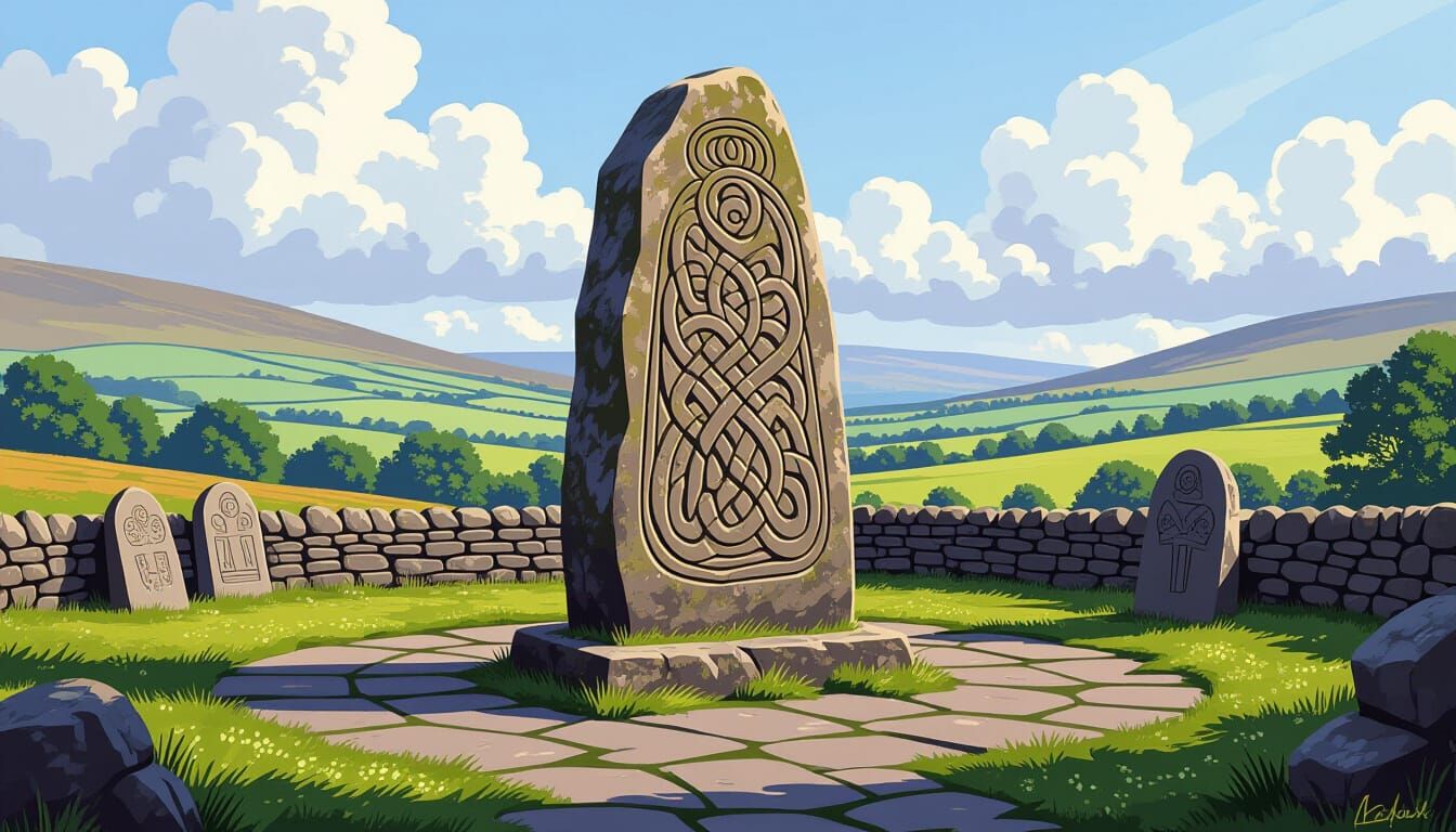 Intricately Carved Pictish Stone Monument in Fantasy Art Sty...