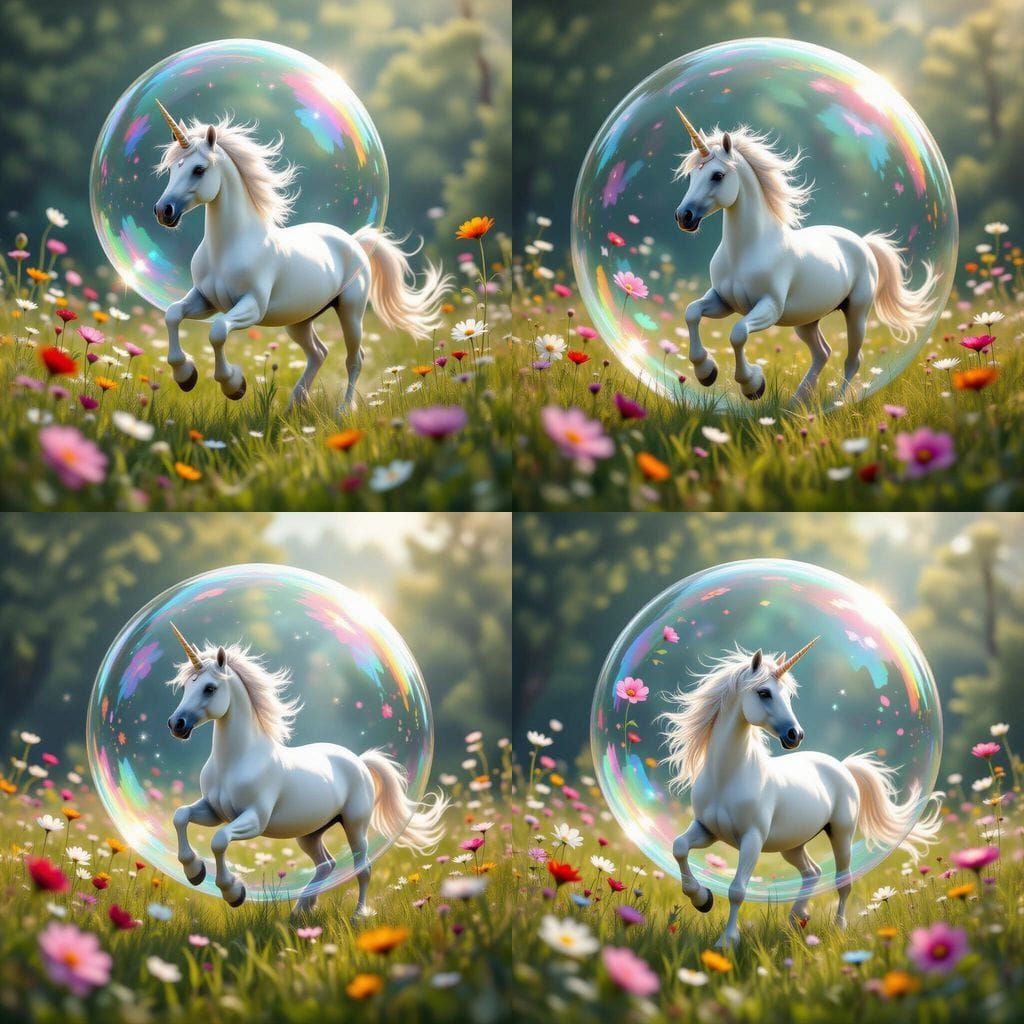 Unicorn Frolicking in a Bubble Meadow