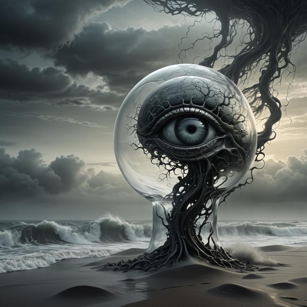 Surreal Glass 'A' with Eye and Brain: 3D Render