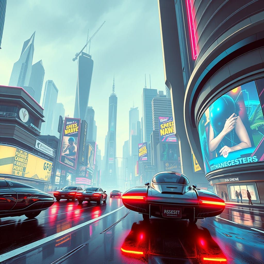 Retro Futuristic Cityscape in Neon Lights and Aerodynamic St...