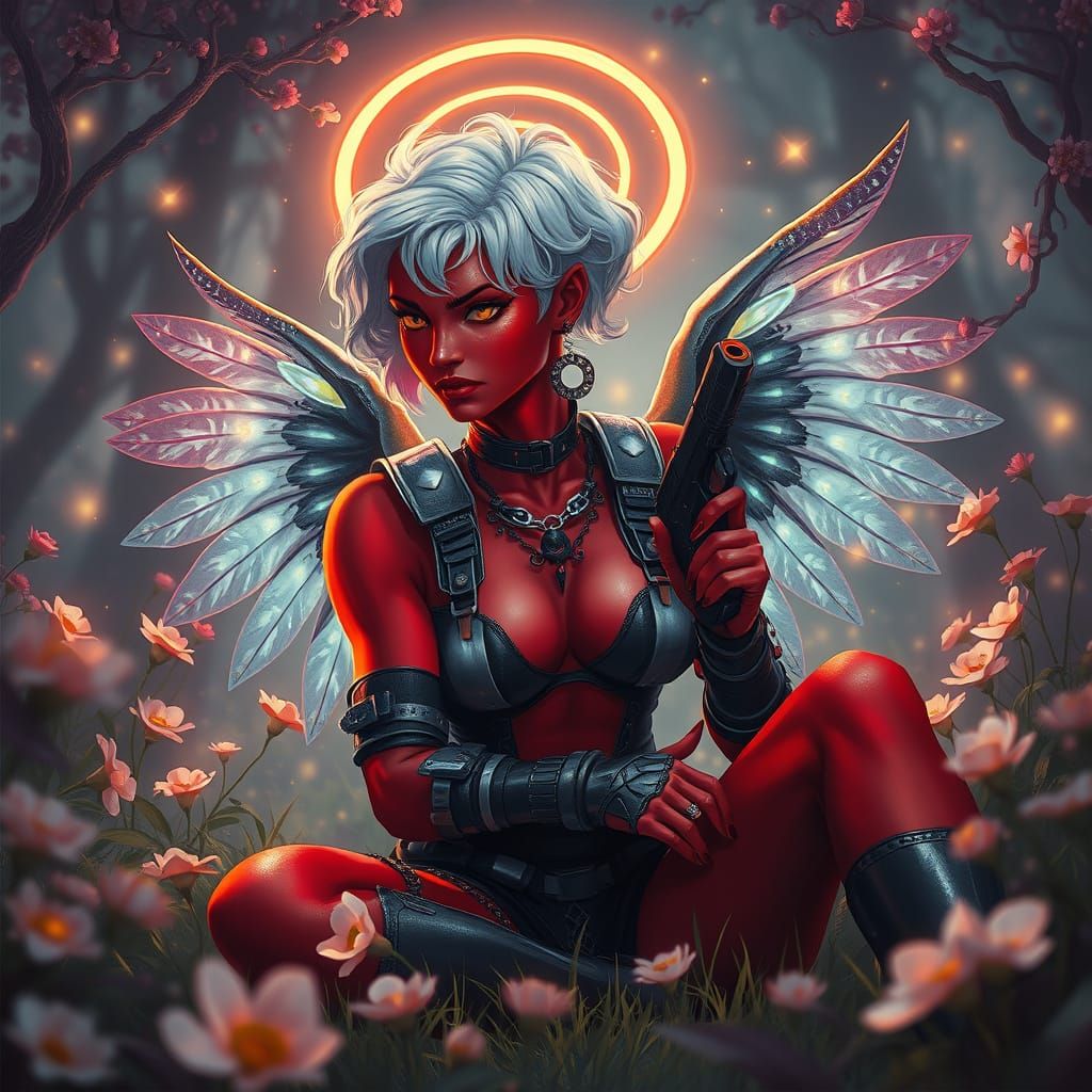 Rebellious Red-Skinned Warrior Goddess with Iridescent Wings...