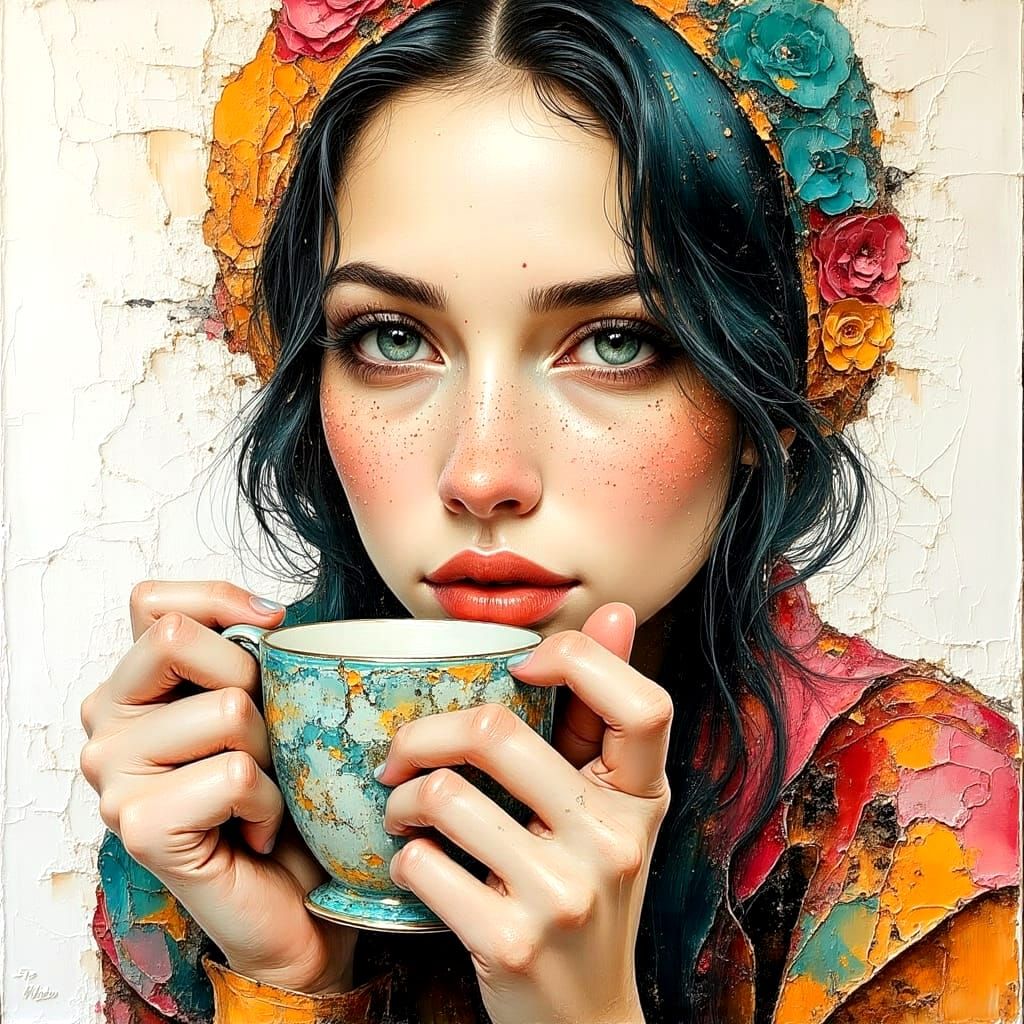 Colorful Impasto Painting with Freckles and Tea
