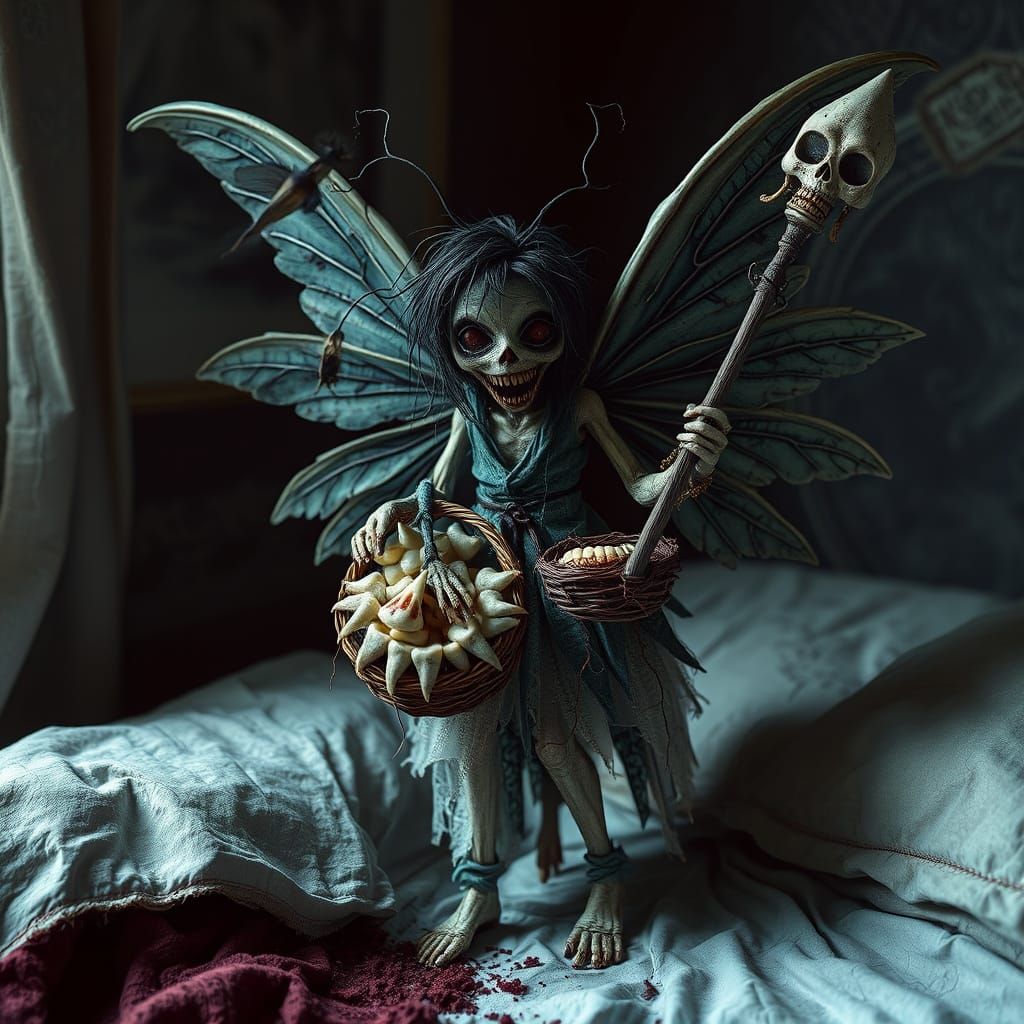 Surreal Dark Fantasy Tooth Fairy in Tattered Wings