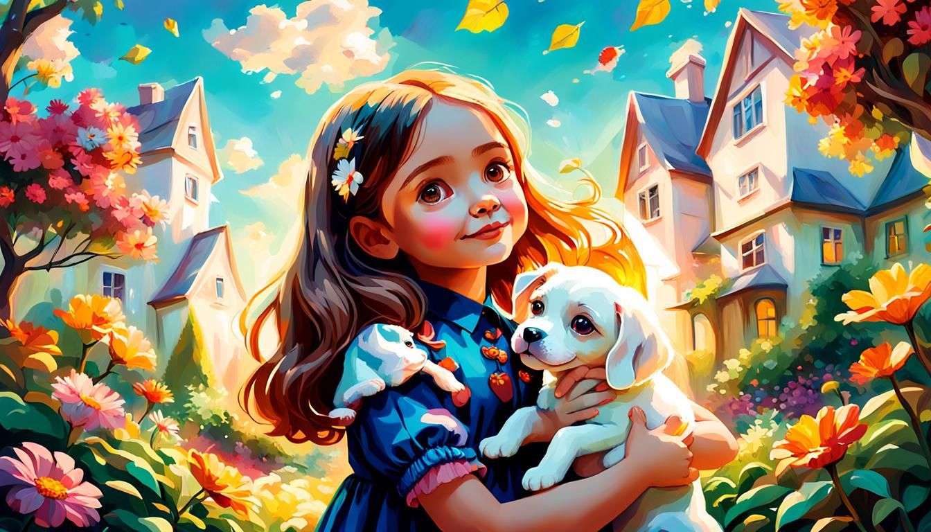 Sisters Playing in Lush Garden: Whimsical Oil Painting