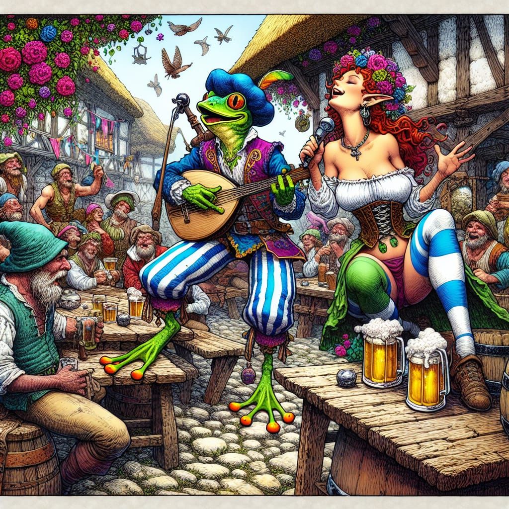 Frog Troubadour and Elf Serenade in Comic Style