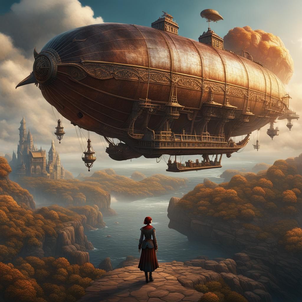 Woman and Airship in Detailed Fantasy Art